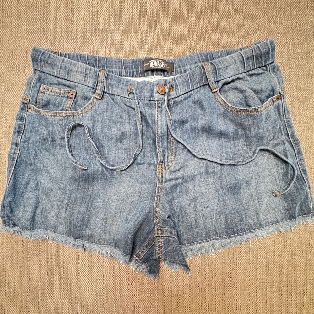 Rewash Brand Womens XL Blue Denim Shorts Elastic Waist Drawstring Frayed Hem
